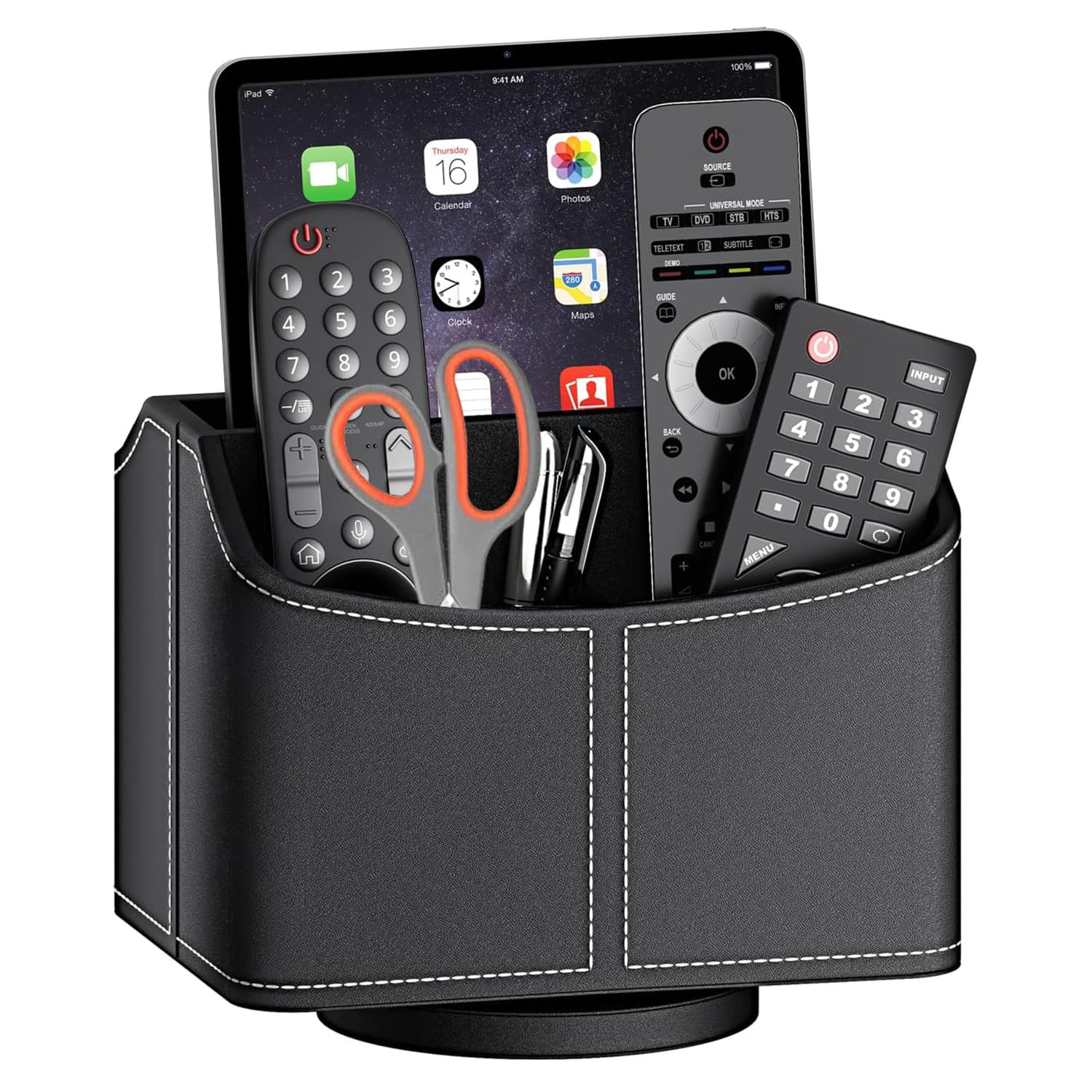 Tasnme TV Remote Control Holder 360 Degrees Rotatable Leather Remotes Caddy Office Desktop Organizer Storage Box for Home Decoration Cosmetic Accessories E-Reader iPad Phone Pen Stationery