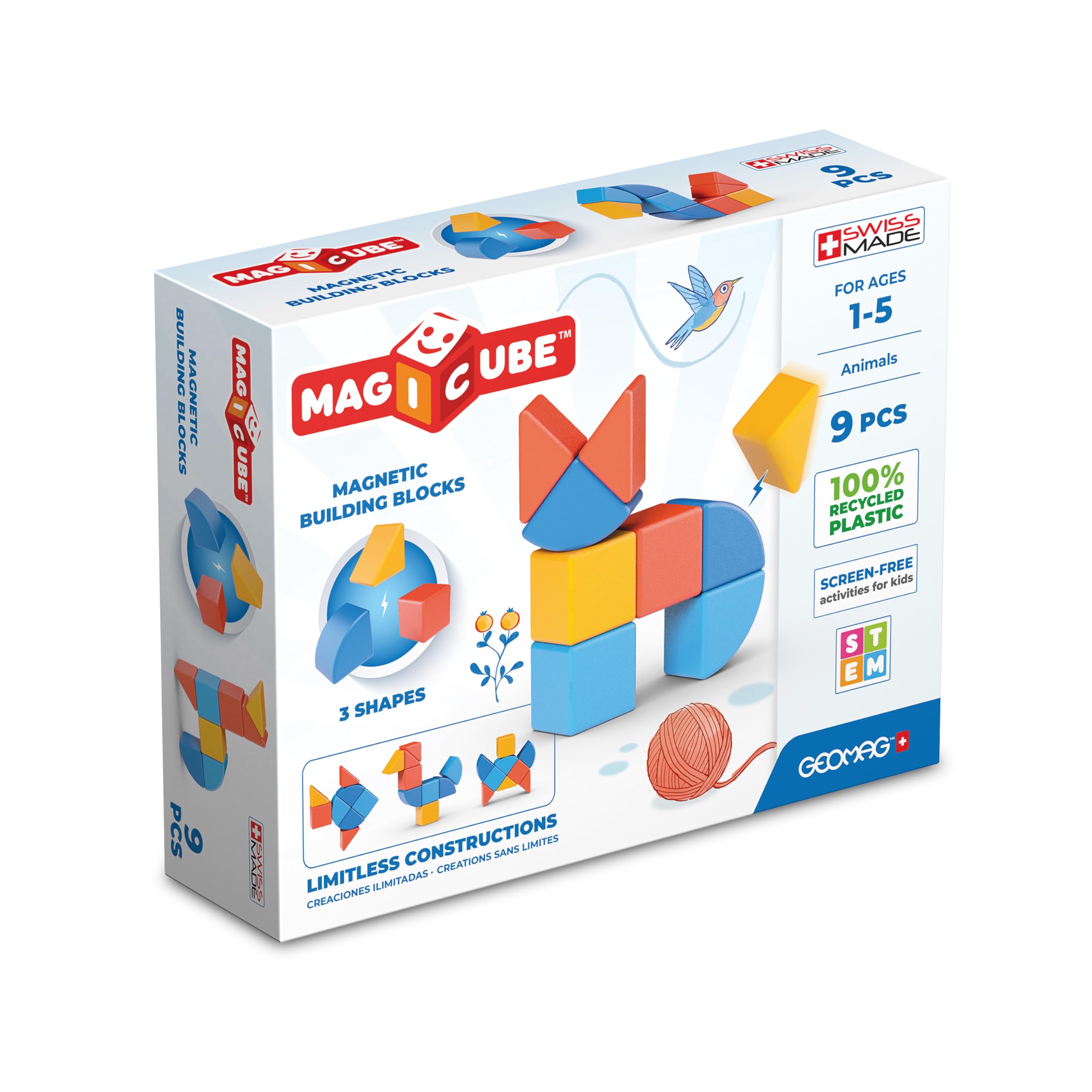 Geomag - Magicube Shapes-Magnetic Blocks for Kids,Red, Orange and Blue, 9 Pieces