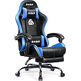 N-GEN GAMING Video Gaming Chair with Footrest Lumbar Support for Home Office High Back Recliner Height Adjustable Ergonomic Comfy Leather Computer Desk Chair (Blue)