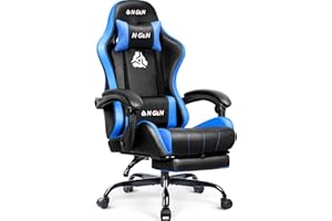 N-GEN GAMING Video Gaming Chair with Footrest Lumbar Support for Home Office High Back Recliner Height Adjustable Ergonomic Comfy Leather Computer Desk Chair (Blue)