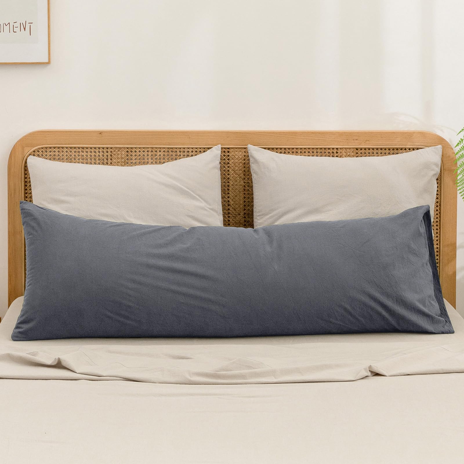 Photo 1 of BESTOUCH 100% Washed Cotton Pillowcase for Hair and Skin Linen Feel Soft Comfortable Breathable 1 Pcs Pillow Case with Envelope Closure Solid Quiet Shade Grey Body 20x54 Inches