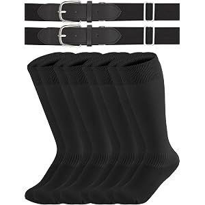 ZenNex 4 Pairs Youth Baseball Socks and 2 Belts Thickened Softball Football Socks and Elastic Belt for Boys Girls, Ages 7-12