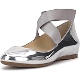 Jessica Simpson Women’s Mandayss Criss-Cross Ankle Ballet Flats with Straps, Silver, 8