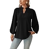 Pantete Womens Fall Tops Smocked Swiss Dot Long Puff Sleeve Blouses V Neck Flowy Shirts for Work Trendy Feminine