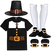 HooLing 4 Pcs Thanksgiving Pilgrim Costume Set for Shirt Pilgrim Hat Socks Shoe Covers Historic Men Thanksgiving Costume