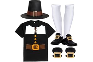HooLing 4 Pcs Thanksgiving Pilgrim Costume Set for Shirt Pilgrim Hat Socks Shoe Covers Historic Men Thanksgiving Costume