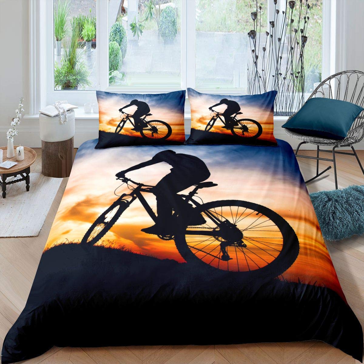 Loussiesd Mountain Bike Duvet Cover Extreme Sport Theme Bedding Set for Kids Boys Girls Cool 3D Dirt Bike Decor Comforter Cover Bicycle Rider Bedspread Cover Bedroom Collection 2Pcs Single