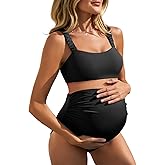 Summer Mae Ribbed Maternity Bikini Swimsuit for Women High Waisted Two-Piece Bathing Suit Crop Top Pregnancy Swimwear