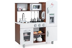 HONEY JOY Kids Kitchen Playset, Wooden Pretend Play Kitchen for Toddlers, Cookware Utensil, Phone, Clock, Water Dispenser, St