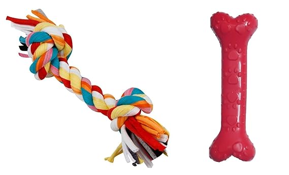 Foodie Puppies Imported Dog Rubber Chew Toy Combo (Paw Print Rubber Bone + Rope Chew Toy) - Color May Vary