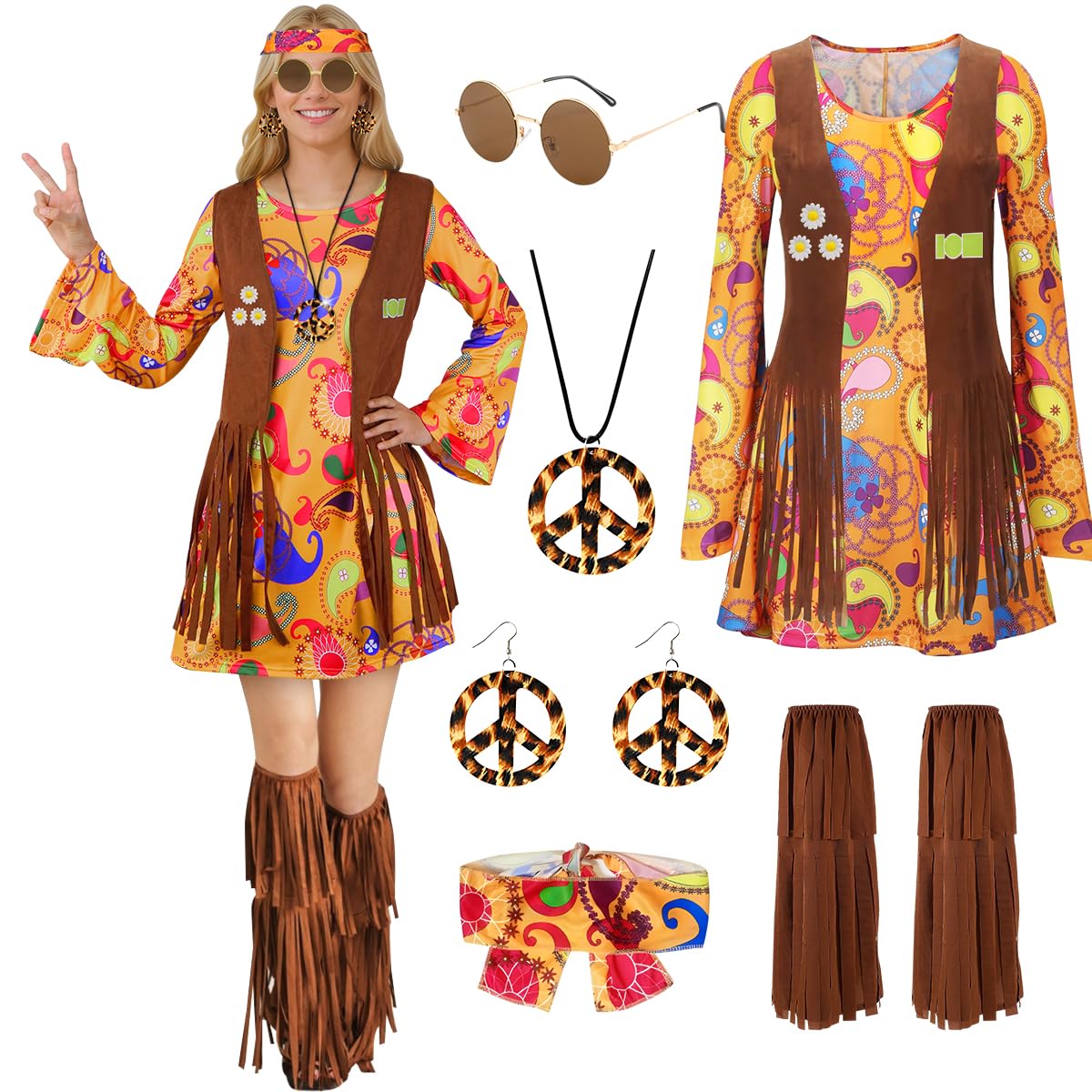 TOLOYE 70s Fancy Dress Women, Hippie Costume Outfit with Fringe Vest Boho Headband Necklace Set, 60s Disco Fancy Dress, 1970s Retro Hippie dress Hippy Clothes for Carnival Cosplay Party (XL)