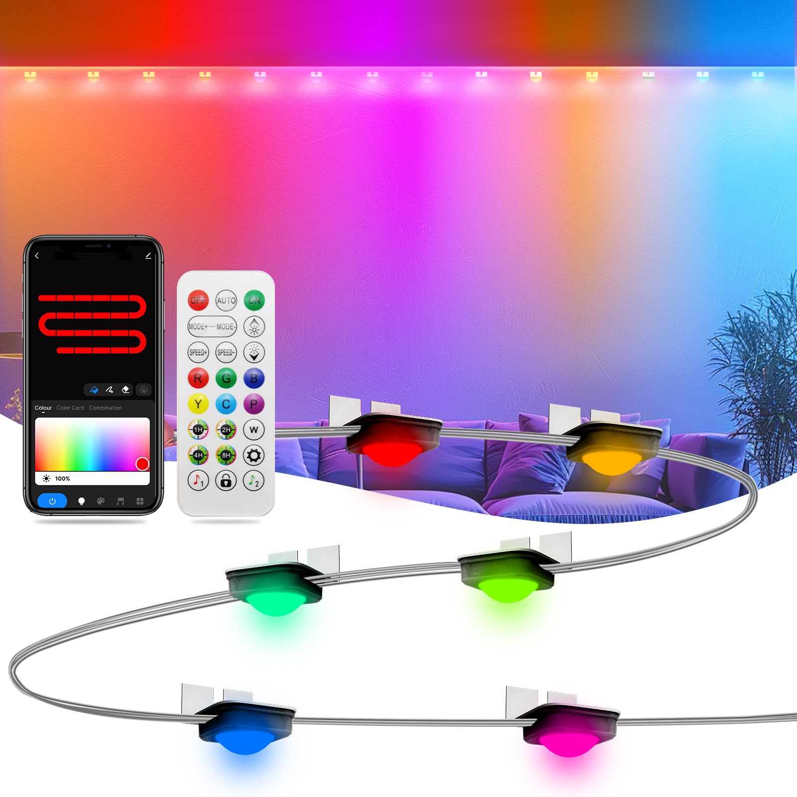 Photo 1 of String Downlights, Smart RGB+IC+WW LED String Lights Compatible with Alexa, Indoor Wall Light RGB String with Color Changing & Music Sync, Fixture for Party, Christmas, New Year, 10ft with 8 LEDs
