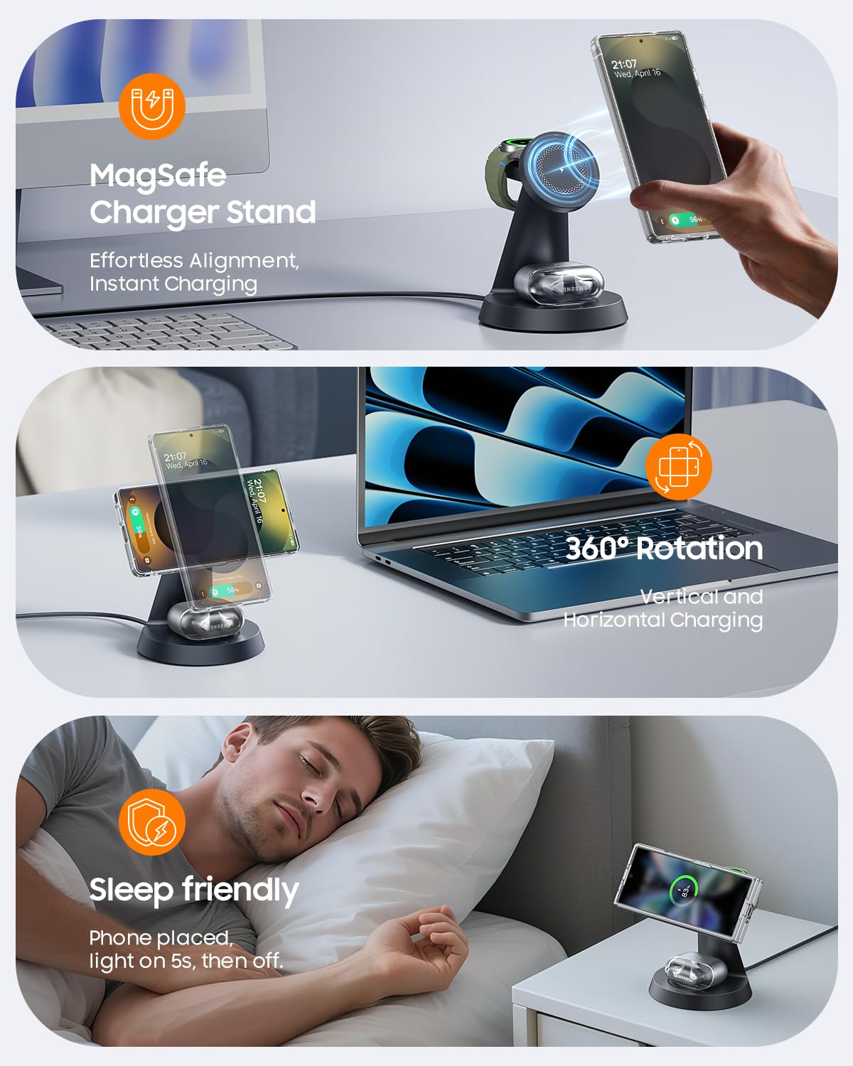 Magnetic Wireless Charger for Samsung, 3 in 1 Charging Station Compatible with MagSafe Samsung Charger for Galaxy S25 Ultra S24 Z Fold7/Flip7, Watch Charger Stand for Galaxy Watch Ultra 8 7, for Buds