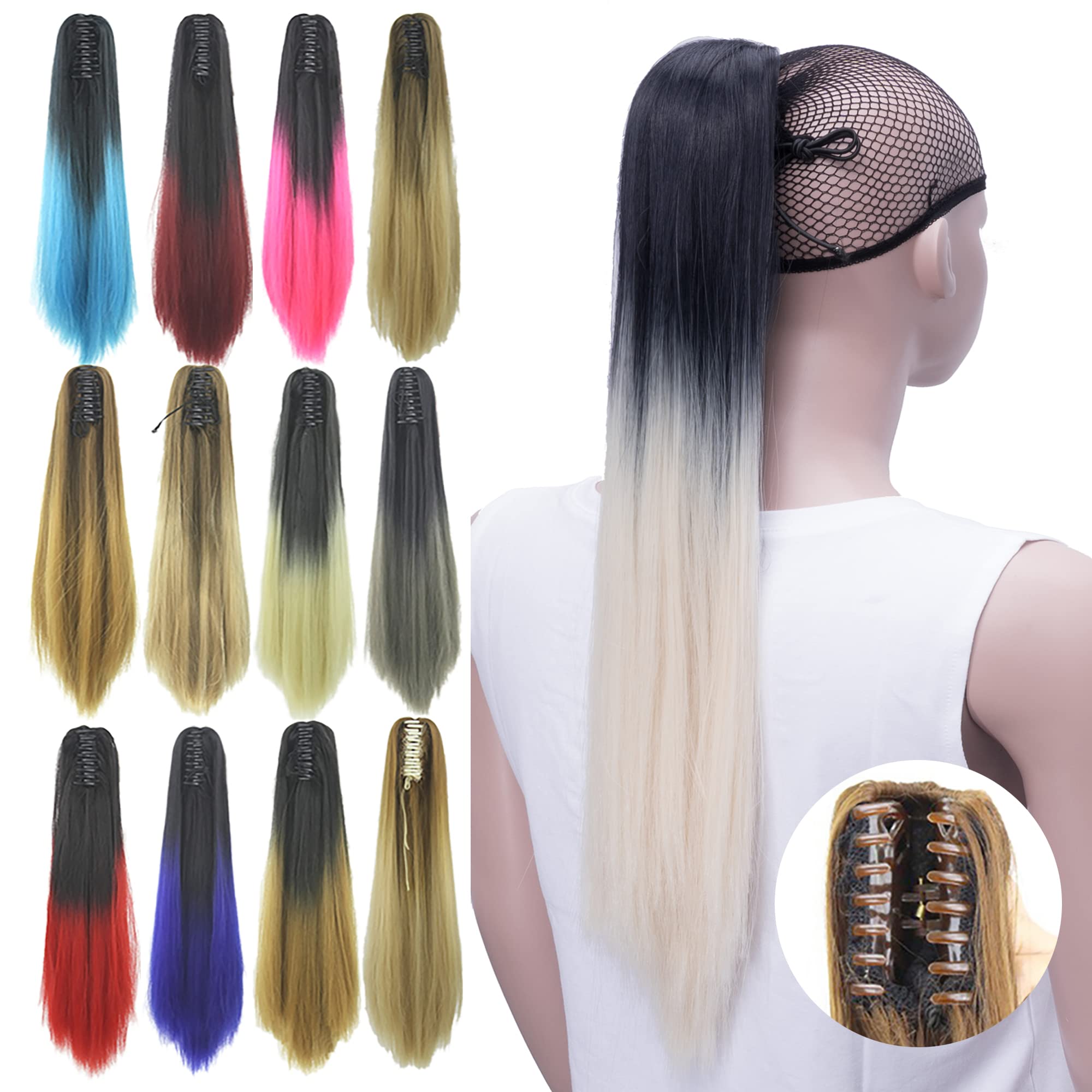 IMISSU Straight Clip on Hairpiece Extensions Pony Tail Clip Claw Ombre Ponytail Hair Pieces (Ombre Blonde)