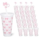JarThenaAMCS 16Pcs 24oz Pink Bow Plastic Tumbler with Lid Straw and Straw Covers Reusable Coquette Bow Party Drinking Cups for Wedding Baby Shower Birthday Party Favors