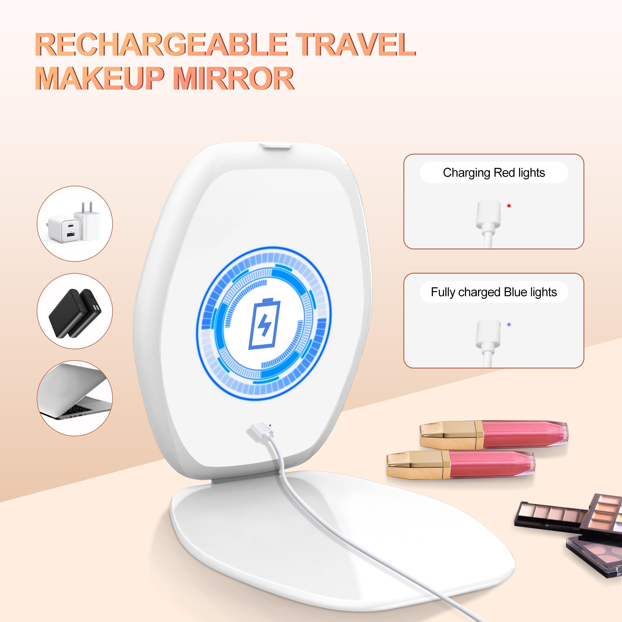 Travel Makeup Mirror with Light: 3 Color Lighting Portable Mirror with Touch Screen Rechargeable Adjustable LED Lights Hexagon Vanity Mirror for Travel, Desk, Home (White)