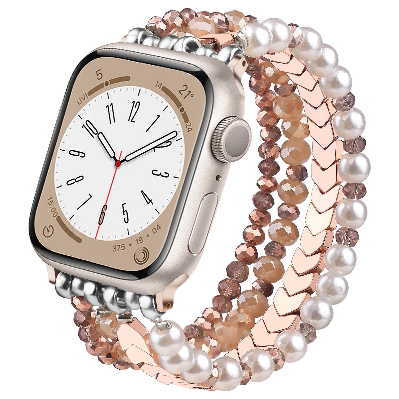 Photo 1 of MOFREE Beaded Bracelet Compatible with Apple Watch Band 38mm/40mm/41mm/42mm, Fashion Elastic Stretch Women Bands for iWatch Series 11/10/9/8/7/SE/6/5/4/3/2/1 iPhone Watch Strap Bands Rose gold/Pearl