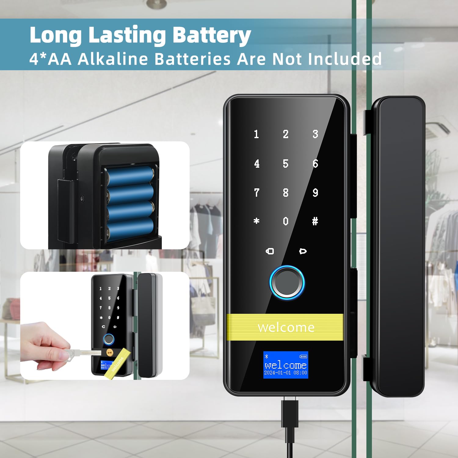 Smart Glass Door Lock, 8 in 1 Upgrade Keyless Entry Digital Door Lock, Glass Front Smart Locks with Keypad, Sliding Door Biometric Fingerprint Glass Lock, Auto Lock for Glass Doors,Office,Home,Store