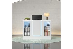 WOODTIME Reception Desk with LED Light & Keyboard Tray, Retail Counter with Cabinet & Glass Adjustable Shelves, Checkout Counter Table for Office Clinic Retail Lobby Salon, White