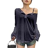 Milumia Women's Button Down Long Sleeve Sheer Top Off Shoulder V Neck Loose Tee Tshirt