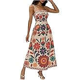 MakeMeChic Women's Floral Flowy Beach Dress Boho Smocked Dresses Sleeveless Maxi Sundress