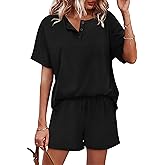 WIHOLL 2 Piece Sets for Women Lounge Sets Summer Outfits 2026 Button Down Short Sleeve Tops and Shorts Set with Pockets