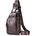 BULLCAPTAIN Genuine Leather Men Sling Crossbody Bag Chest Bags Travel Hiking Shoulder Backpack (Brown)
