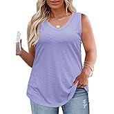 ROSRISS Womens-Plus-Size-Summer-Tank-Tops Cute V Neck Shirts Trendy Eyelet Sleeveless Blouses Casual Loose Tunics Tee XL-5XL