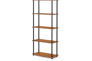 Furinno TURN-N-TUBE Storage Shelves, 5-Tier Book Shelf, Corner Shelf, Toolless Open Shelves, for Organization and Storage, Living Room, Garage, Home Office, Light Cherry