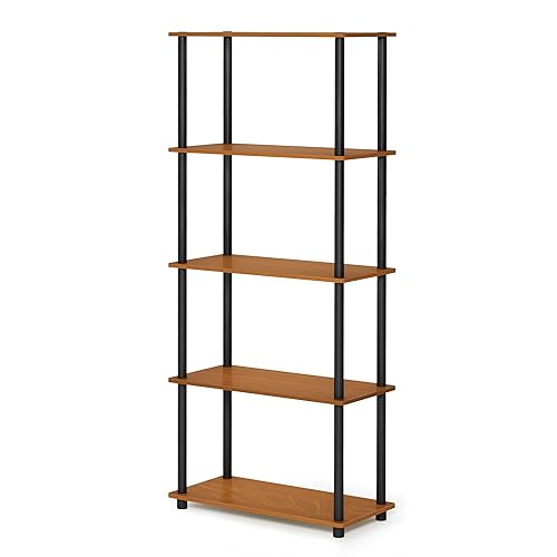 Furinno TURN-N-TUBE Storage Shelves, 5-Tier Book Shelf, Corner Shelf, Toolless Open Shelves, for Organization and Storage, Living Room, Garage, Home Office, Light Cherry