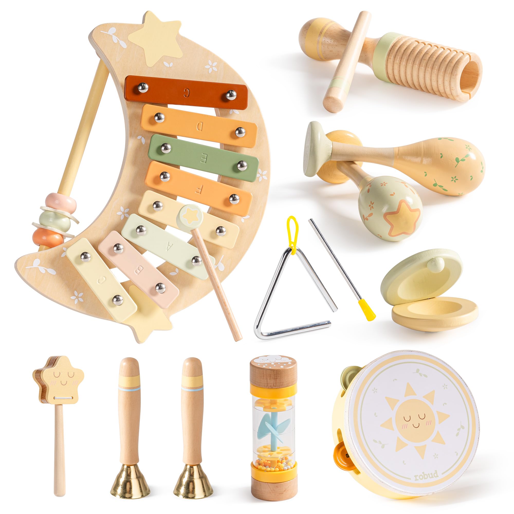 ROBUD Kids Wooden Musical Instruments Set, Baby Montessori Sensory Musical Toys for 1-2-3 Year Old Toddlers with Xylophone Tambourine, Chime Bar, Maraca, 11 PCS Girl Boy Gifts 10 Months+