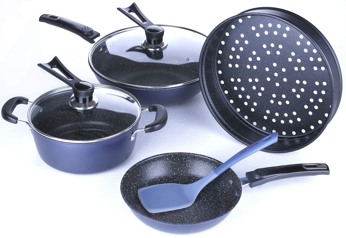 TAFOND 7 Piece Aluminum Nonstick Cookware Sets Includes Steamer insert Sauce Pot and Frying Pans with Glass lid Silicone spatula Blue