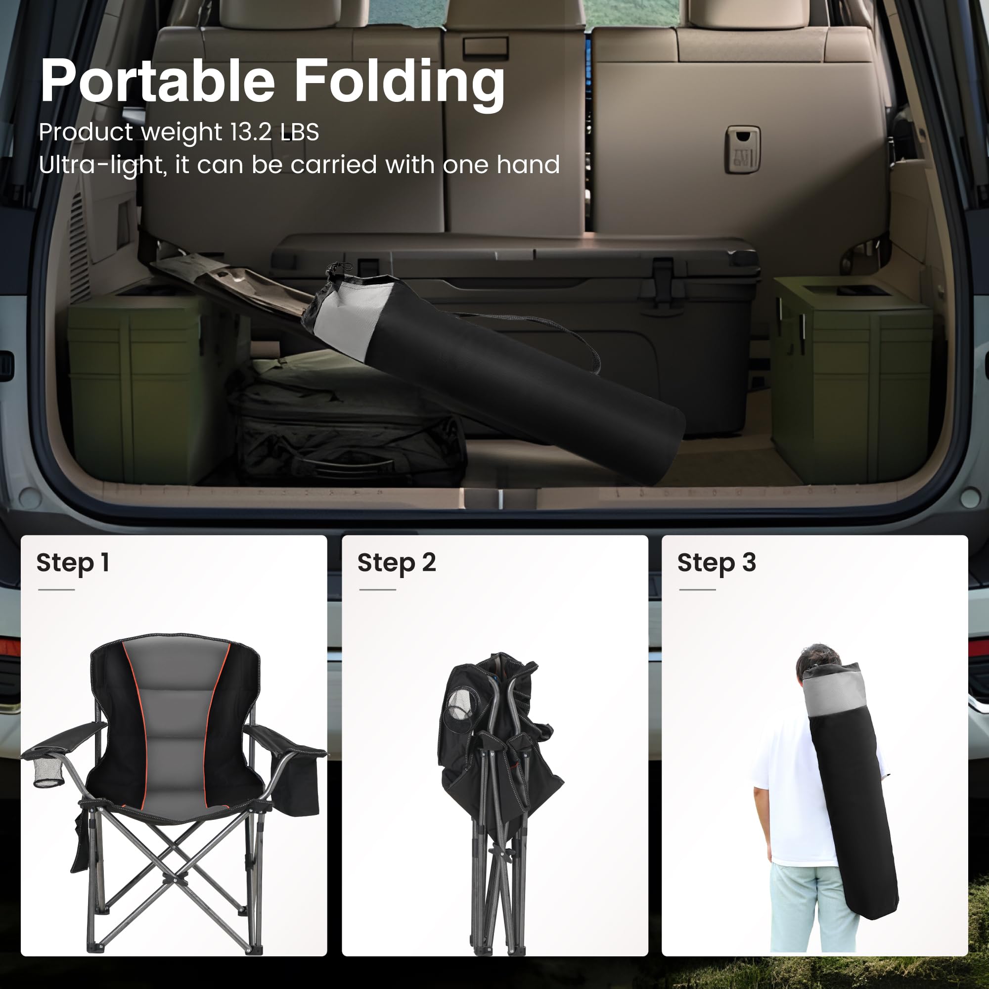 HIGH POINT SPORTS Campingstuhl Faltbar 200kg Klappstuhl Gepolstert mit Getränkehaltern Faltbarer Angelstuhl XXL mit Armlehnen, Schwarz 8