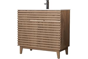 LUCKWIND 36" Bathroom Vanity with Sink Combo, Mid-Century Storage Cabinet with Wood Stripes, Ceramic Sink and Water Saving Faucet, Walnut