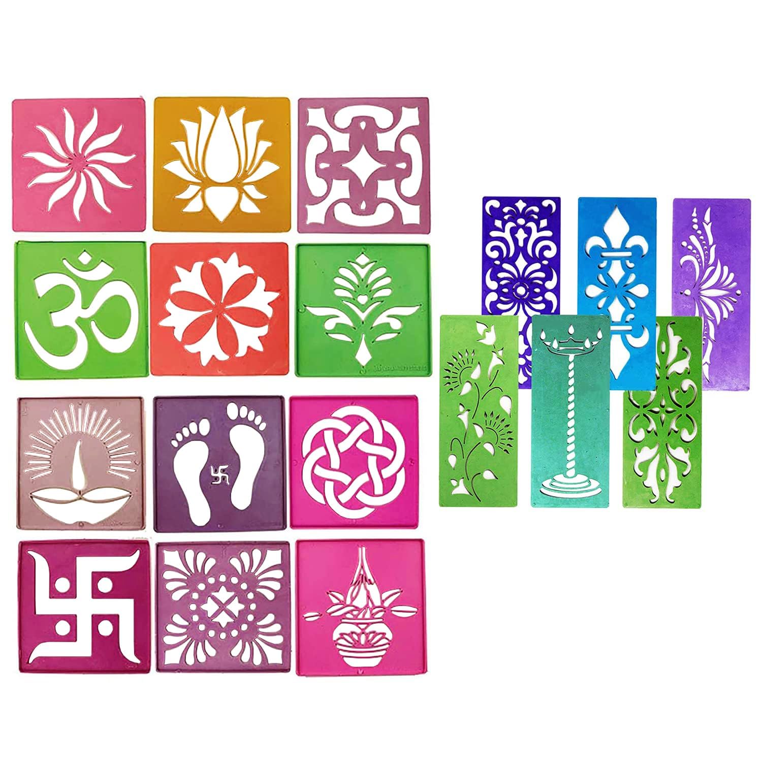Garden Of Arts® 18-Piece Rangoli Stencil Kit – Om, Swastik & Floral Designs with 6 Borders – Reusable Rangoli Maker for Diwali & Indian Festival Decor – Made in India