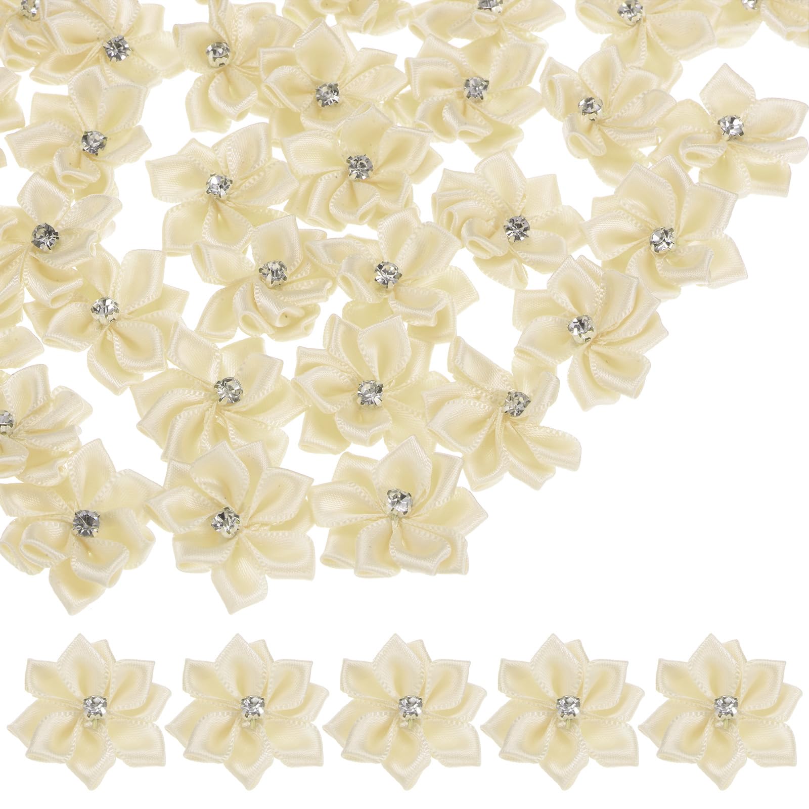 M METERXITY 150-pack Satin Ribbon Flowers, 1.2 Inch Mini Fabric Flowers with Rhinestones, Classic Floral, Beige White, Multi-purpose, Special Occasions