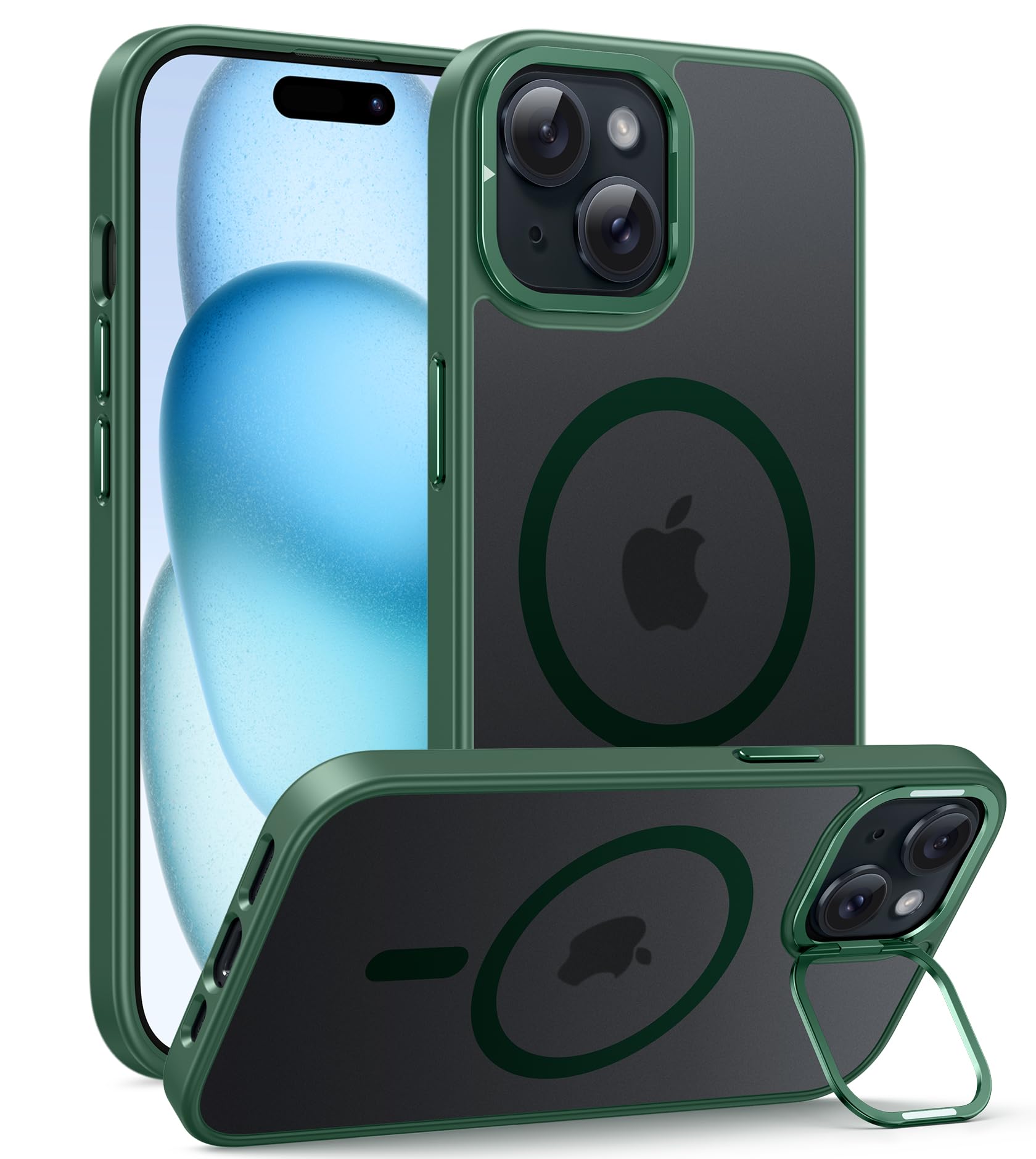 FNTCASE for iPhone 15 Case with Camera Kickstand Translucent Matte Green