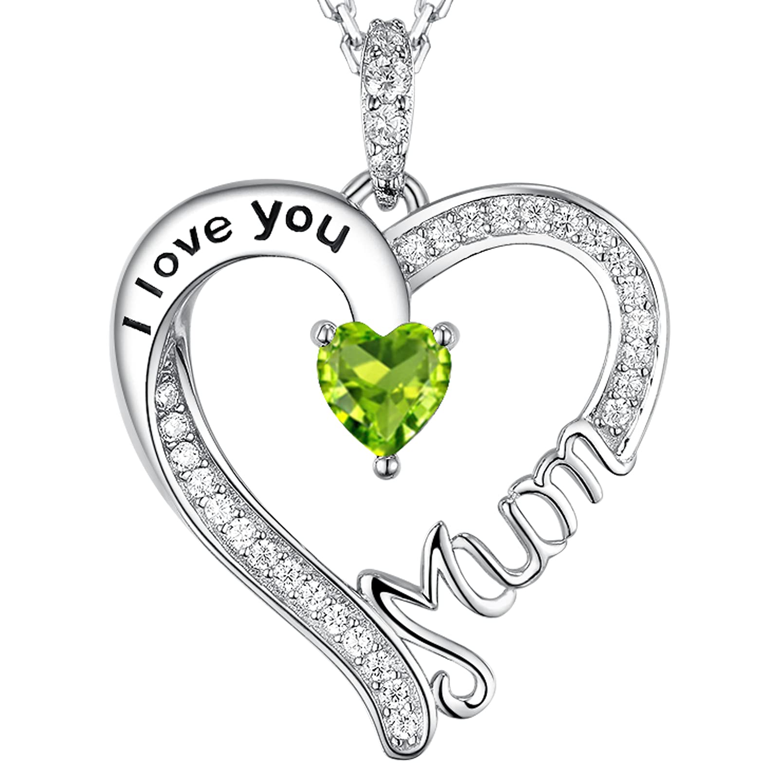 GinoMay Mothers Day Birthday Gifts for Mum August Birthstone Necklace Peridot Jewellery I Love You Mum Necklace Heart Pendant Sterling Silver — image 1