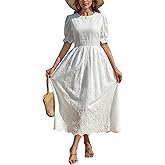Midi Dress for Women Elegant Dresses Floral Eyelet Puff Sleeve Dress with Cinched Waist Casual Summer Party Dress White