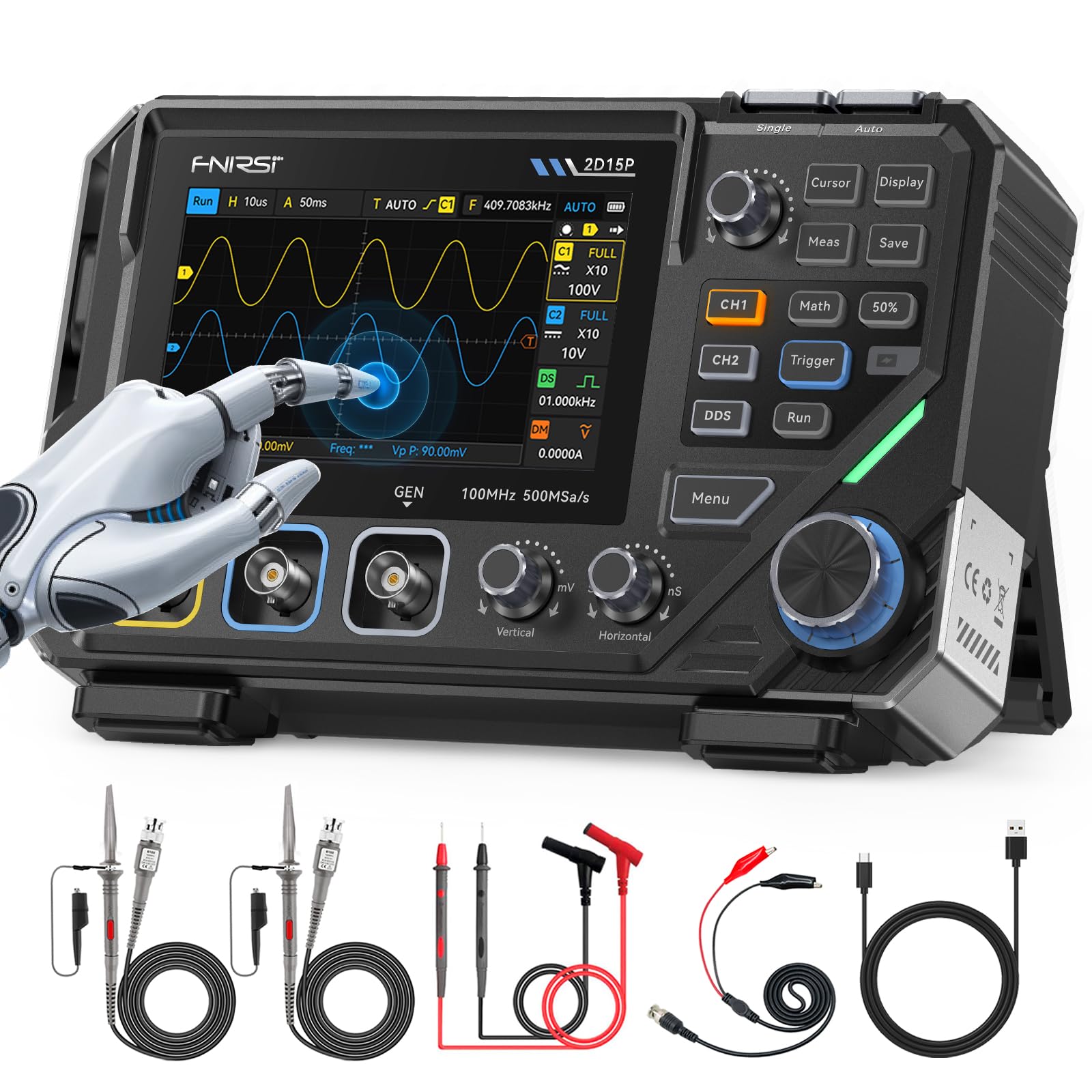 Photo 1 of FNIRSI 2D15P 100MHz Digital Oscilloscope Multimeter DDS Signal Generator 3 in 1, 2CH Automotive Oscilloscope Multimeter 19,999 TRMS Counts, 500MS/s Sampling, 4.3'' Touch Screen