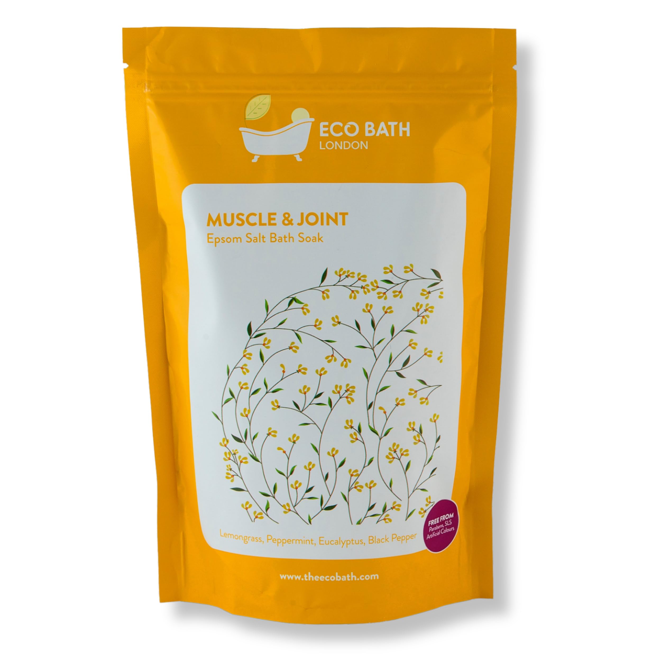 Eco Bath London Muscle & Joint Epsom Salt Bath Soak - Pouch 1kg, Magnesium Bath Salts Infused with Lemongrass, Peppermint, Eucalyptus, and Black Pepper Essential Oils,Bath Salt for Recovery