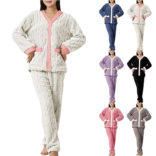 women sleep & lounge,Pyjamas for Women UK Winter 2 Pieces Pjs Fleece Nightwear Fluffy Sets Ladies Quarter Zip Pullover Thick Plush Flannel Loungewear,christmas family pyjamas set,B-W One Size