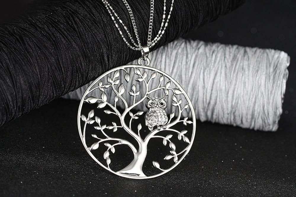 Necklace for Women Tree of Life with Cute Owl with CZ Crystal Pendant Necklace for Girls Silver Long Chain Necklace (Silver Plated) - Image 3