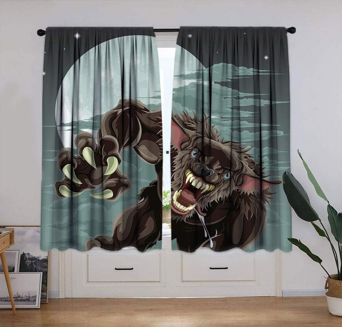 Wolf Curtains, Night Skyline with Full Moon and Stars Werewolf