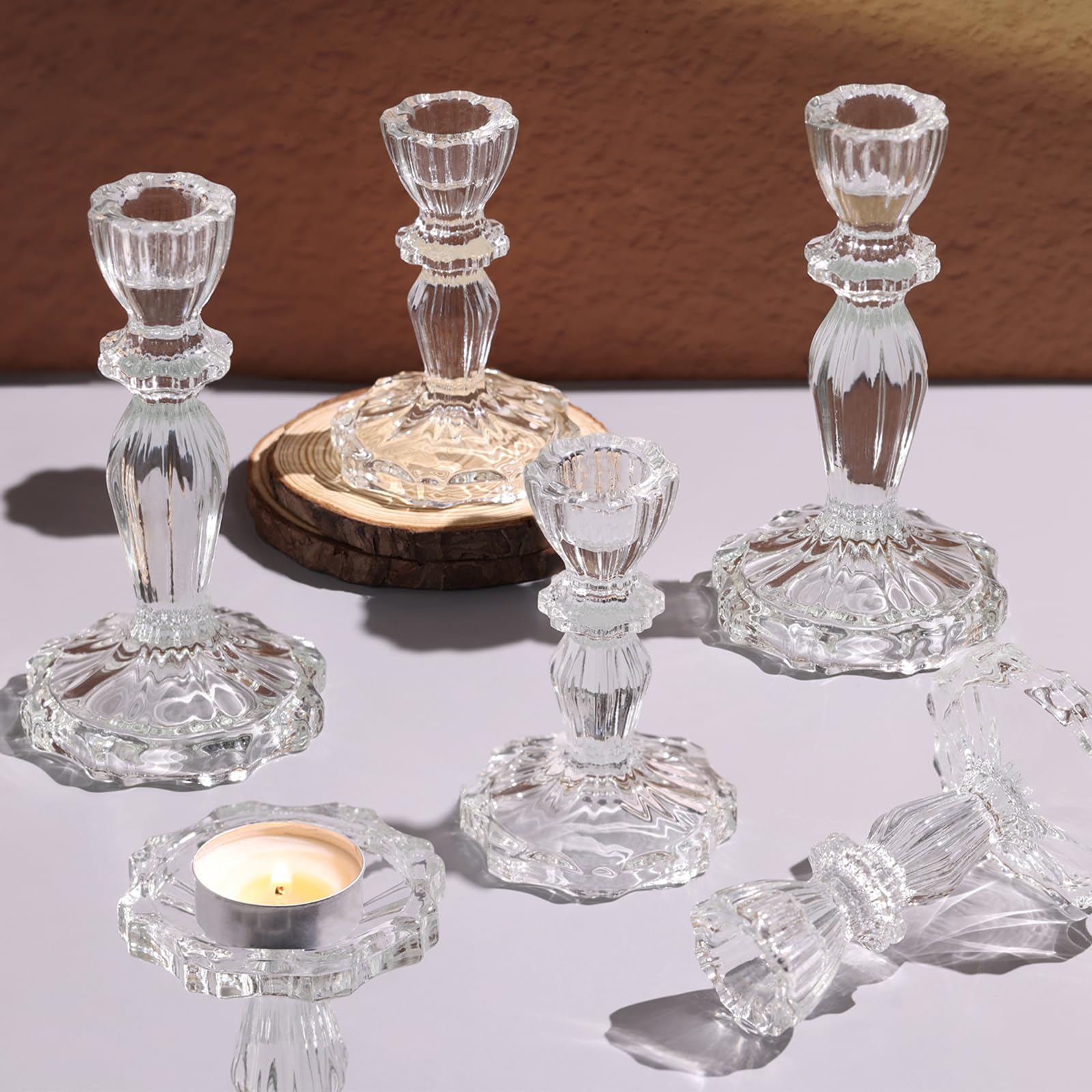 Photo 1 of Simeitol Clear Candlestick Holders Set of 6, Taper Candle Holders, 4.3" H & 6.3" H Glass Candle Holder for Candlesticks & Pillar Candles, Crystal Candle Holders for Wedding and Home Decor