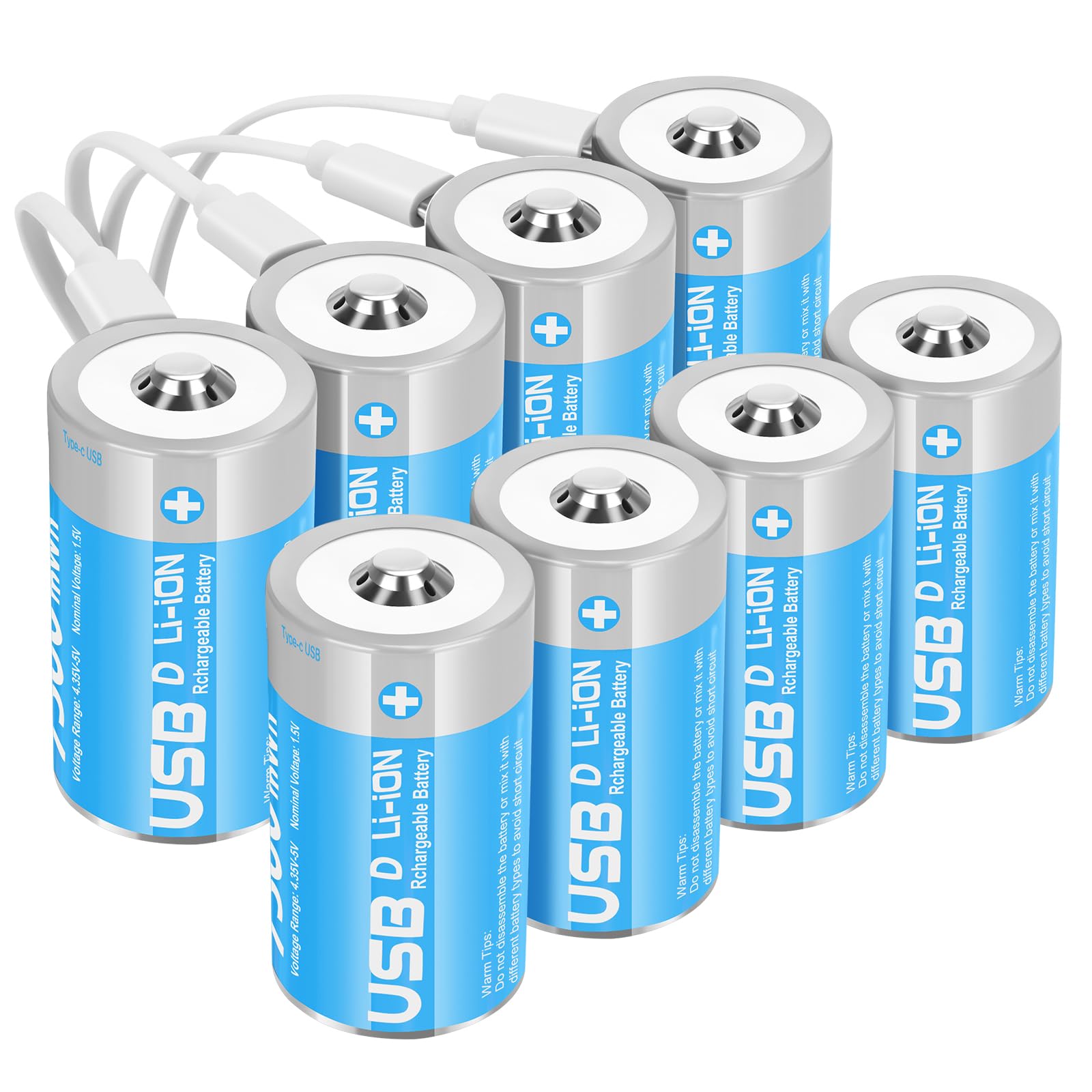 messule Rechargeable Lithium D Batteries with 4 in 1 USB-C Charge Cable,8 Pack D Cell Li-ion Battries,LR20 1.5V D Size Cell Battery Replacement 7500mWh for Floodlight Toys(8 Pcs)