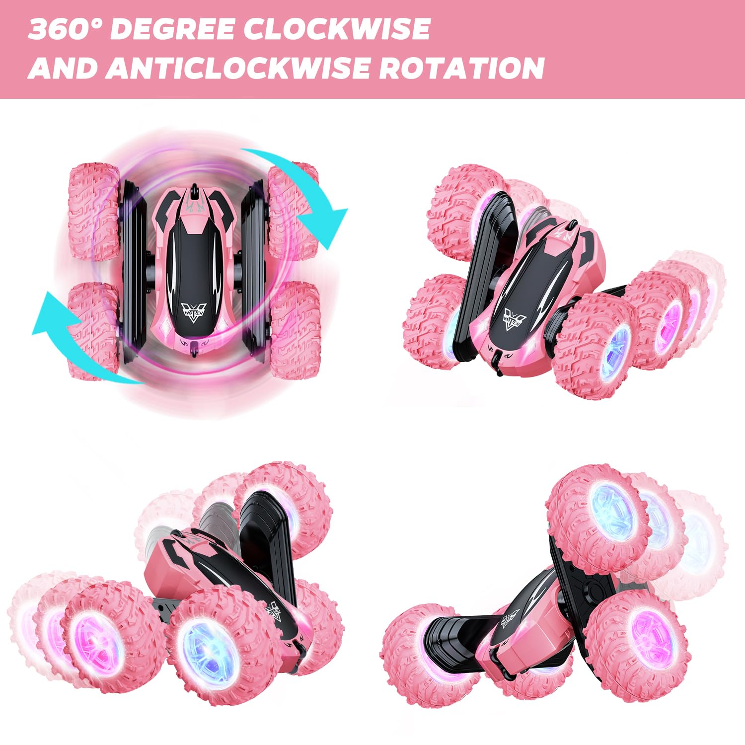 Remote Control Car, 2.4GHz RC Stunt Car, Double Sided 360° Rotating RC Cars with LED Headlight & LED Wheel, High Speed Off Road RC Crawler Xmas Gift for 3 4 5 6 7 8-12 Year Old Girls Toys (Pink)
