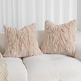 ROSE FEATHER Genuine Rabbit Fur Throw Pillow Covers Set of 2,Luxury Decorative Pillowcases Soft Fluffy Animal Skin Accents Square Cushion Cover for Couch Sofa Bedroom Living Room Home,18x18 inch,Beige