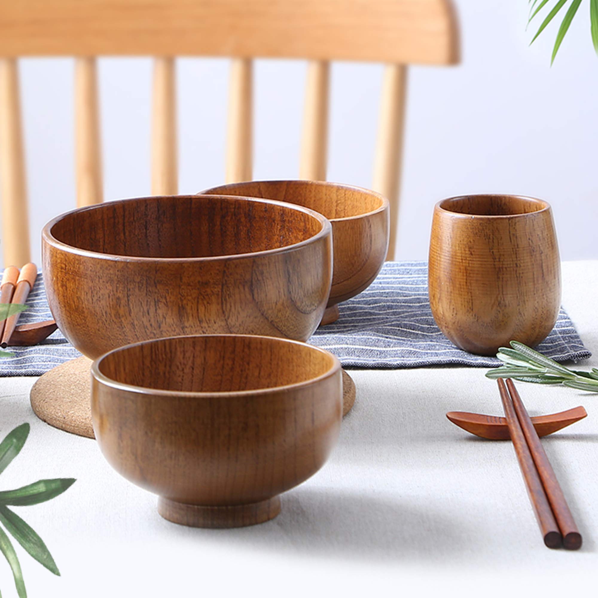 Originalidad Handmade Wood Bowls, Jujube Wooden Japanese Bowls with Matching Spoon for Rice, Soup, Dip, Salad, Tea, Decoration 4 Sets (4 Bowls 4.2 IN + 4 Spoons) - Image 5