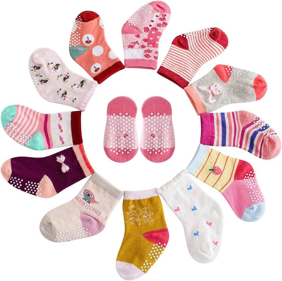 MAYBOX 12 Pairs Assorted Toddlers Non-Skid Ankle Cotton Crew Baby Socks with Grip for Kids, Baby Girl Socks 12-36 Months